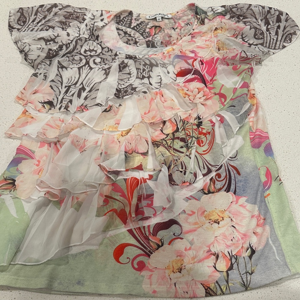 🩵$5 FLORAL Multicolor Ruffle SHORT SLEEVE BLOUSE. SIZE MEDIUM. - Picture 10 of 10
